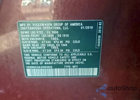 2018 Volkswagen Atlas Se z USA, uszkodzony, nr VIN 1V2DR2CA9JC553929